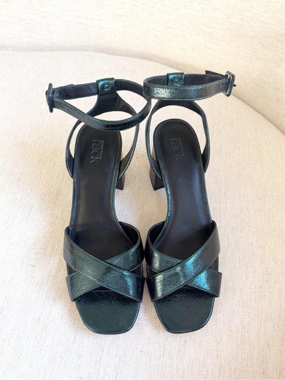 Ankle Strap Block Heel Sandals in Emerald Metallic Green